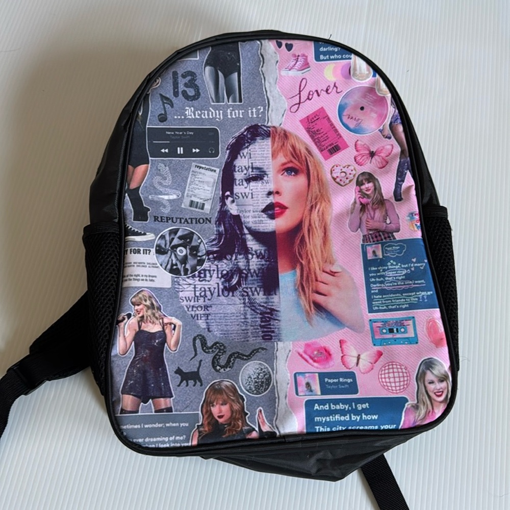 Taylor Swift inspired black, pink & gray collage backpack.